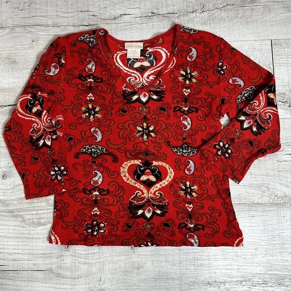 Pierre Cardin Womens Red Printed Y2K Paisley Print Sequin Blouse Size L Rib Knit - Picture 7 of 11